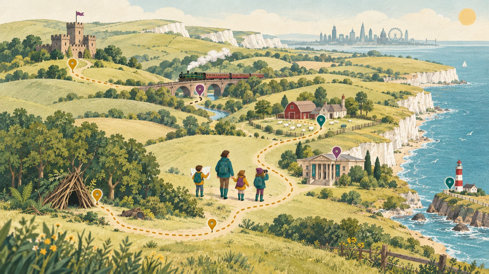 Illustration of a family following a dotted trail past a castle, a steam train, a farm and a museum